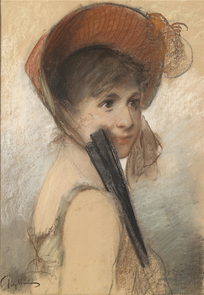 布鲁诺·皮格海因（Bruno Piglhein，德国画家，1848-1894 年）作品-Bildnis eines Mädchens mit Hut und Fächer