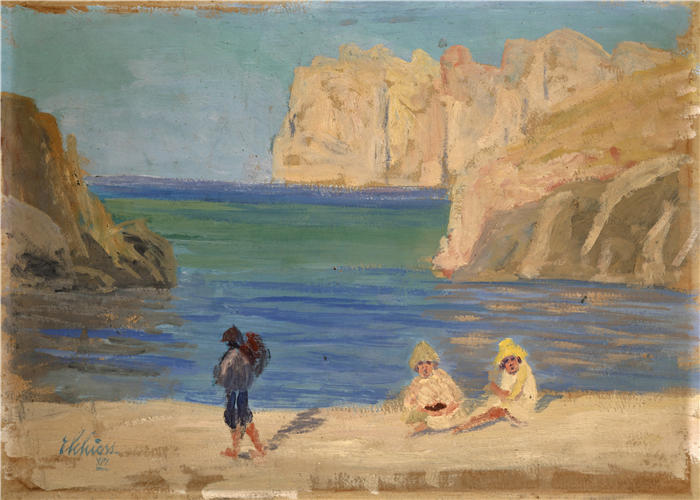 恩斯特·希斯（Ernst Schiess，瑞士画家）高清作品-《落基湾与两个坐着的人物（1916 年）》