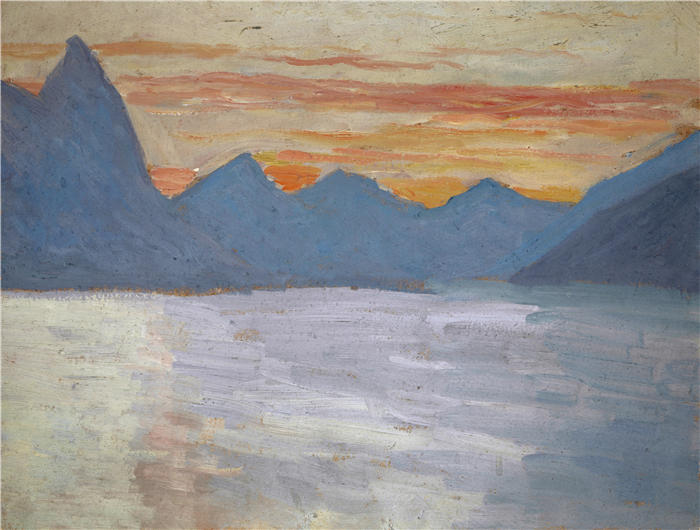 恩斯特·希斯（Ernst Schiess，瑞士画家）高清作品-《日出前从卢加诺湖看波尔莱扎山》