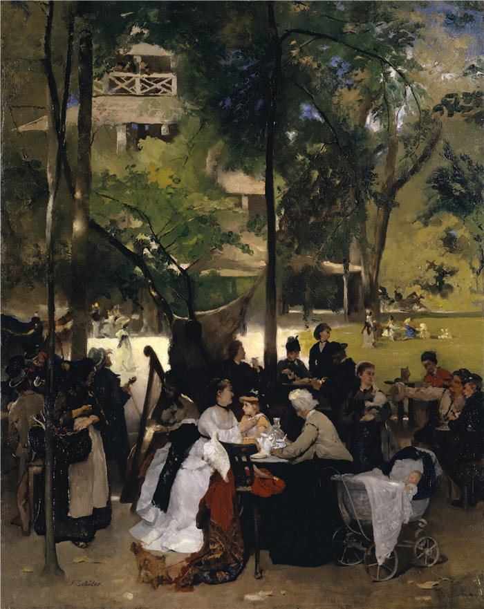 恩斯特·希斯（Ernst Schiess，瑞士画家）高清作品-《慕尼黑英国花园中的中国塔（1873 年）》