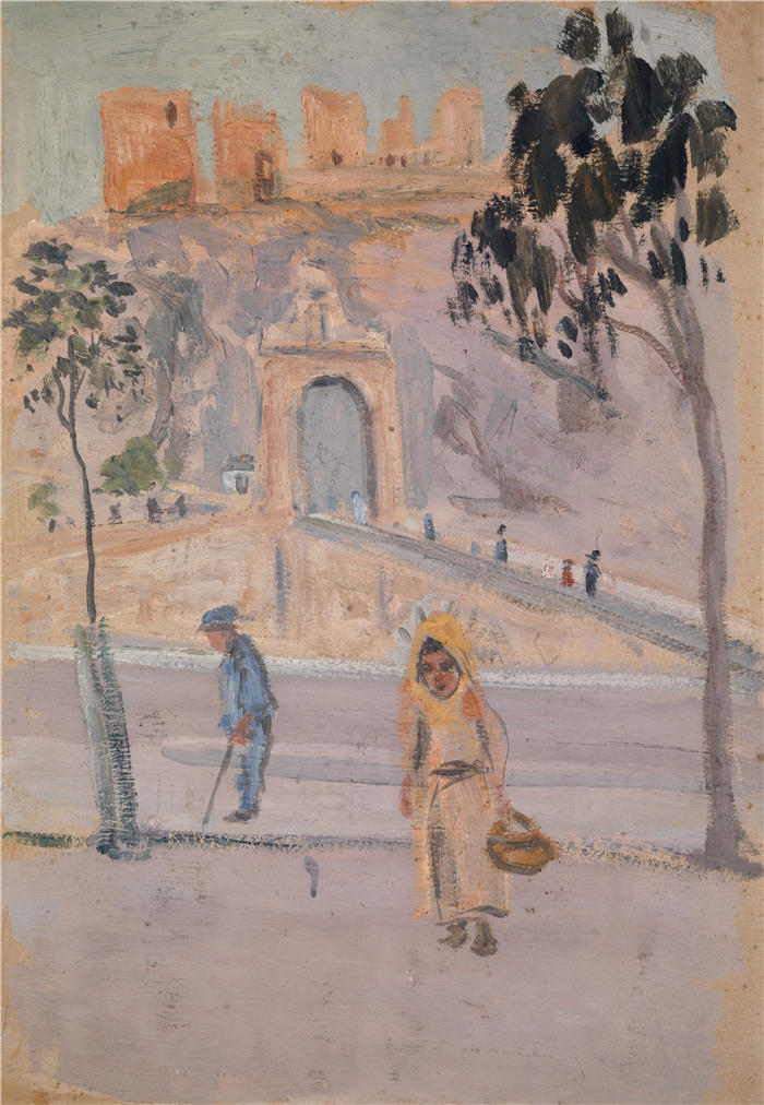 恩斯特·希斯(Ernst Schiess,瑞士画家)高清作品-《托莱多的阿尔坎塔拉布里奇和圣塞尔万多城堡》