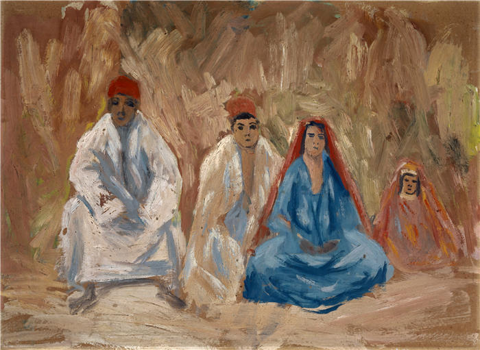 恩斯特·希斯（Ernst Schiess，瑞士画家）高清作品-《四个蹲着的贝多因人（1916-1918）》