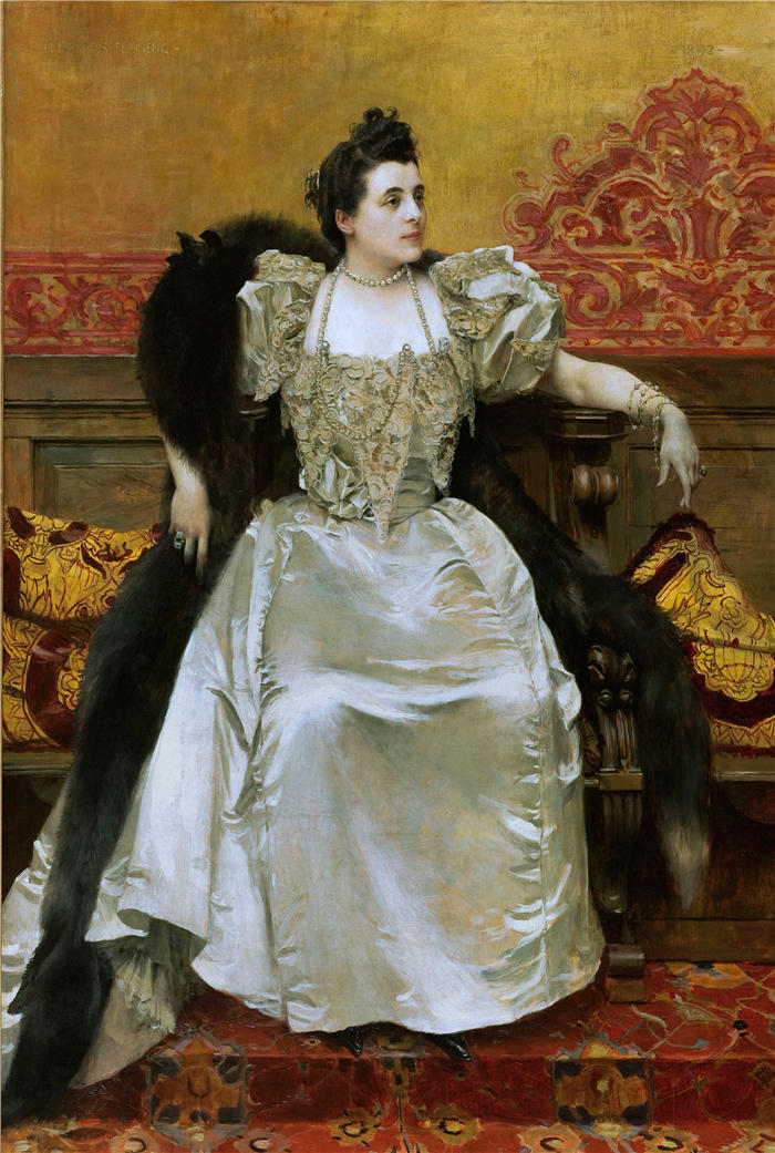 弗朗索瓦·弗拉蒙 (François Flameng，法国画家)高清作品-《加斯顿·梅尼尔夫人肖像（1892 年）》