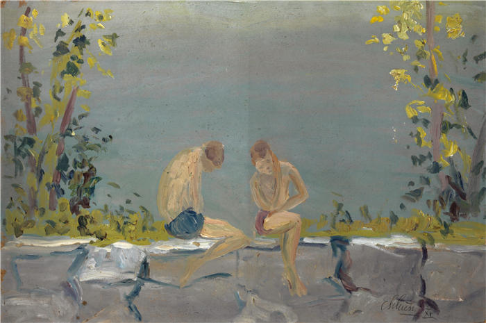 恩斯特·希斯（Ernst Schiess，瑞士画家）高清作品-《在湖边的墙上给男孩洗澡（1915 年）》
