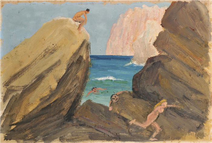 恩斯特·希斯（Ernst Schiess，瑞士画家）高清作品-《在岩石海岸线上追逐》