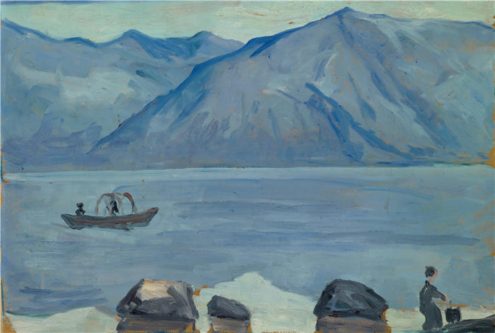 恩斯特·希斯（Ernst Schiess，瑞士画家）高清作品-《在卢加诺湖的海滩》