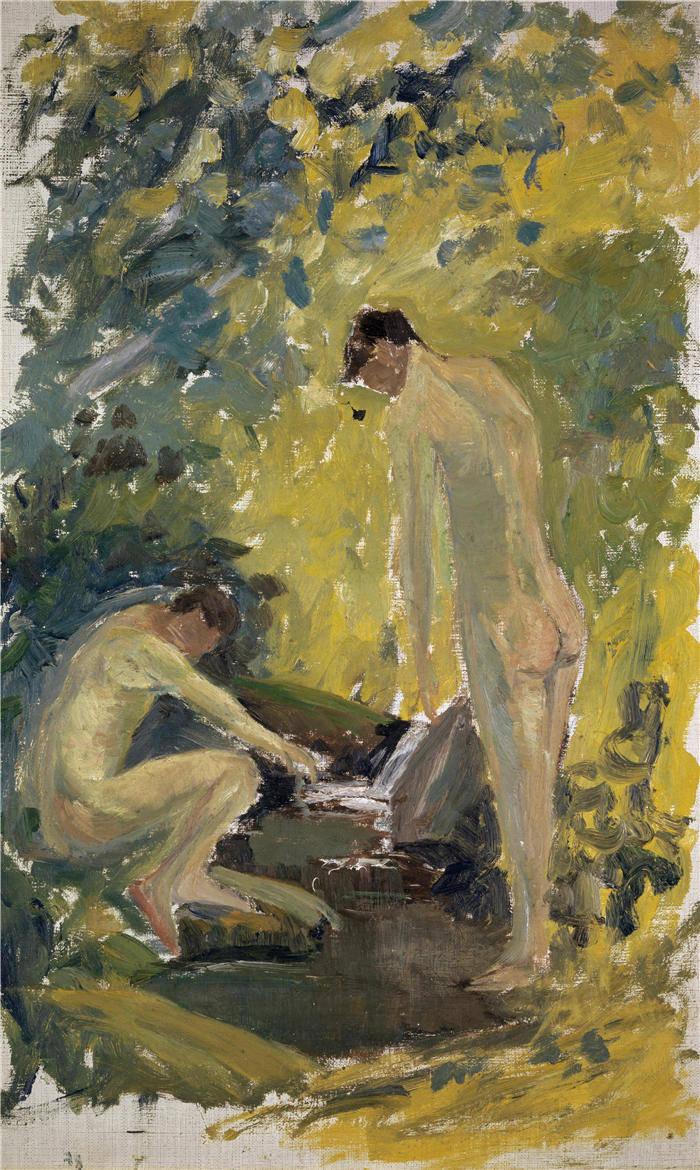 恩斯特·希斯（Ernst Schiess，瑞士画家）高清作品-《树林里一条河里的两个裸体年轻人》