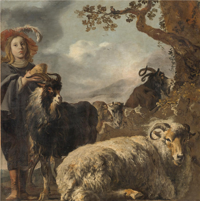 扬·巴普蒂斯特·维尼克斯（Jan Baptist Weenix，荷兰画家）高清作品-《有绵羊和山羊的牧羊男孩》