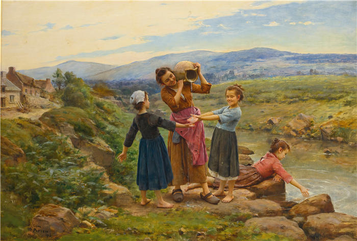 塞萨尔·帕坦（César Pattein，法国画家）作品-在河边玩耍 (1903)