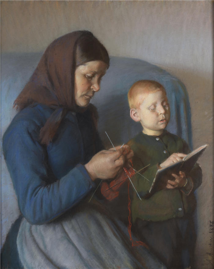 安娜·安切尔（Anna Ancher，丹麦画家）高清作品-《-课程复习（1885）》