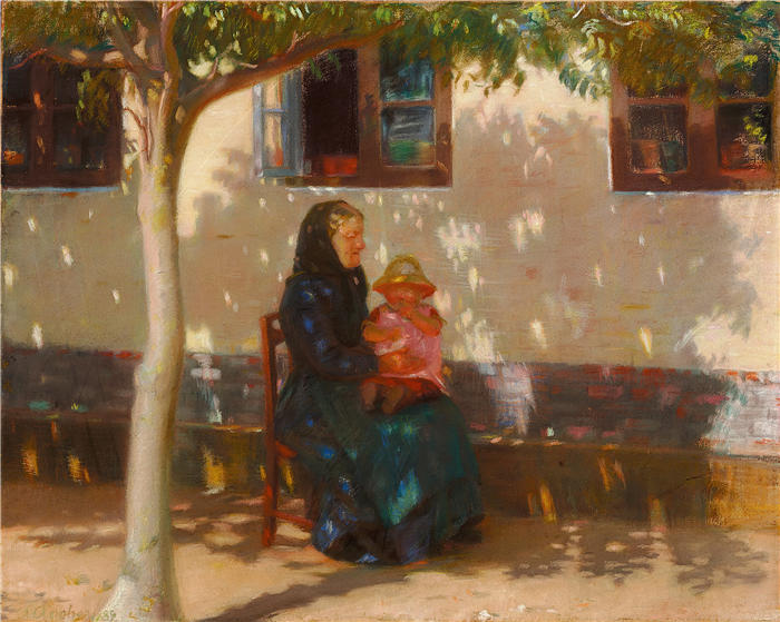 安娜·安切尔（Anna Ancher，丹麦画家）高清作品-《-在阳光下，斯卡根的妻子和小海尔加·安彻坐在白色房子前（1889） 》