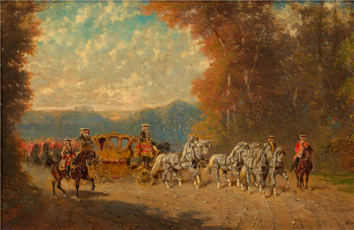 亚历山大·冯·本萨（Alexander Von Bensa，奥地利画家）作品-《带警卫的宫廷庆典马车的出口（约1880-1890年）》