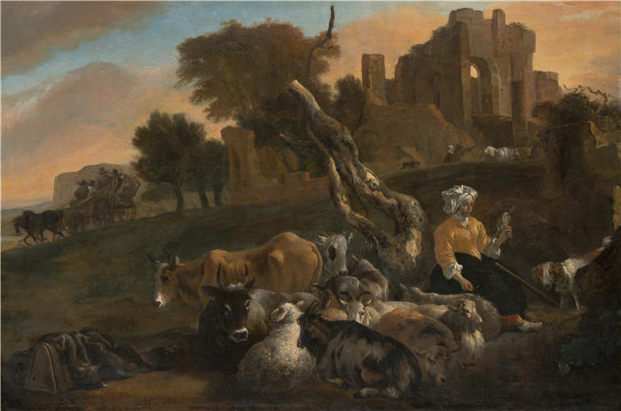 扬·巴普蒂斯特·维尼克斯(Jan Baptist Weenix,荷兰画家)高清作品-《牧羊女风景(约 1650–60 年)》