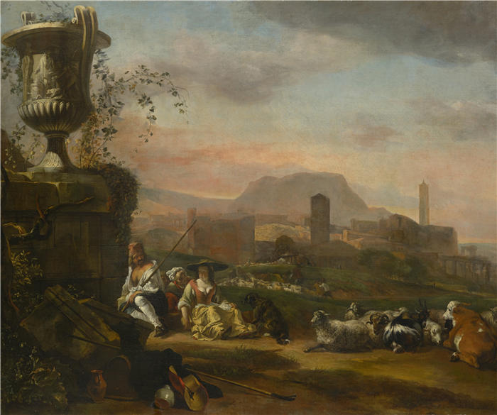 扬·巴普蒂斯特·维尼克斯（Jan Baptist Weenix，荷兰画家）高清作品-《罗马风景与牧羊人（1648-50）》
