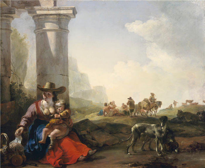扬·巴普蒂斯特·维尼克斯（Jan Baptist Weenix，荷兰画家）高清作品-《废墟中的意大利农民（约 1649 年至 1650 年）》