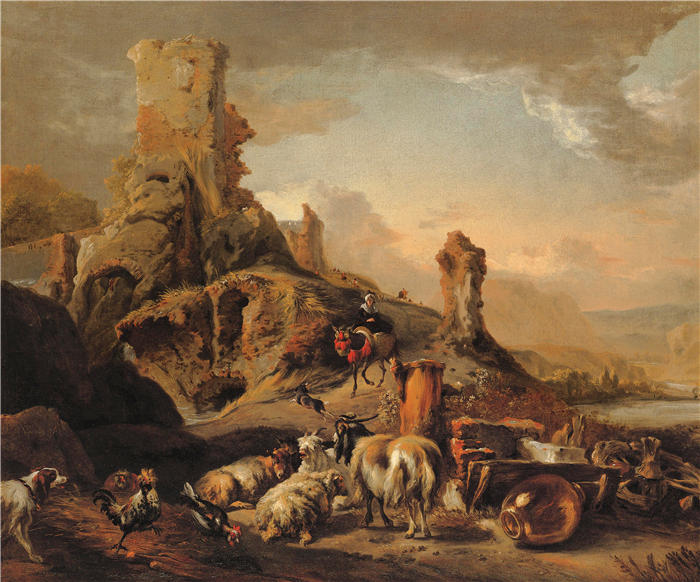 扬·巴普蒂斯特·维尼克斯（Jan Baptist Weenix，荷兰画家）高清作品-《牧羊女和她的羊群在路上》