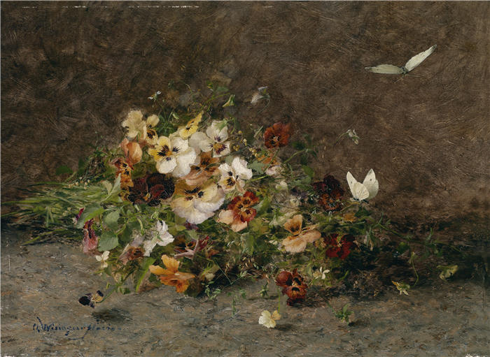 奥尔加·威辛格-弗洛里安（Olga Wisinger-Florian，奥地利画家）作品-《三色堇和蝴蝶》