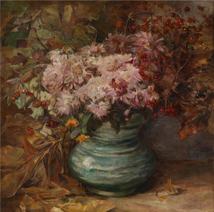 奥尔加·威辛格-弗洛里安（Olga Wisinger-Florian，奥地利画家）作品-《金盏花和水晶花束》