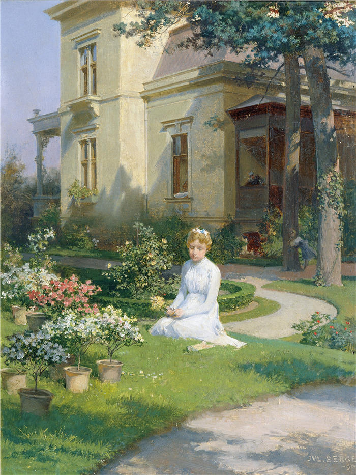 朱利叶斯·维克多·伯杰(Julius Victor Berger,奥地利画家,1850–1902年)作品-别墅花园里的女孩(1900)