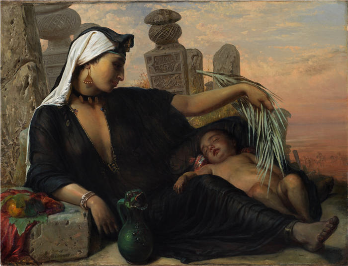 伊丽莎白·杰里乔·鲍曼(Elisabeth Jerichau Baumann,波兰画家)作品-《一个带着孩子的埃及女人(1872 年)》