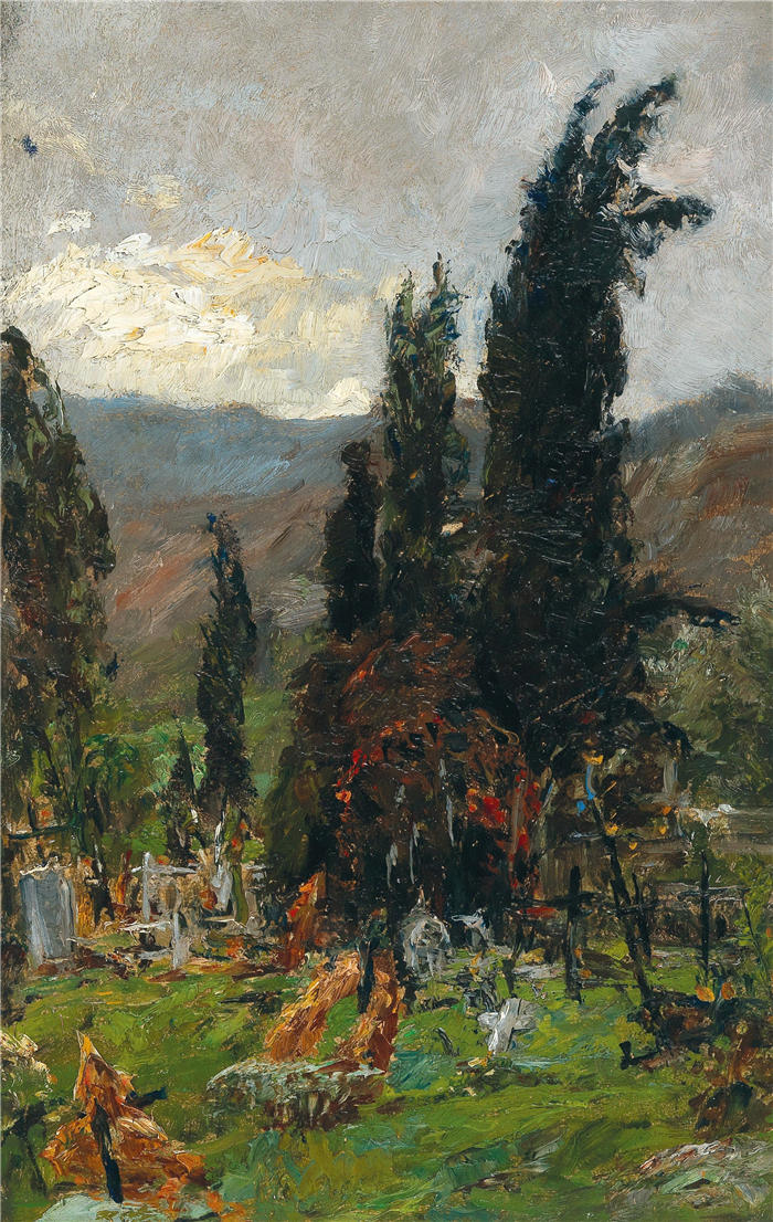奥尔加·威辛格-弗洛里安（Olga Wisinger-Florian，奥地利画家）作品-《黄昏时的墓地景观》