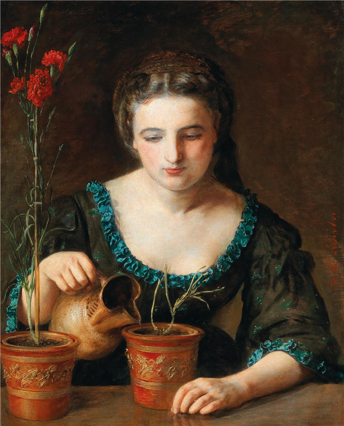约翰·巴普蒂斯特·雷特（Johann Baptist Reiter,奥地利画家）高清作品-《有康乃馨的女孩》