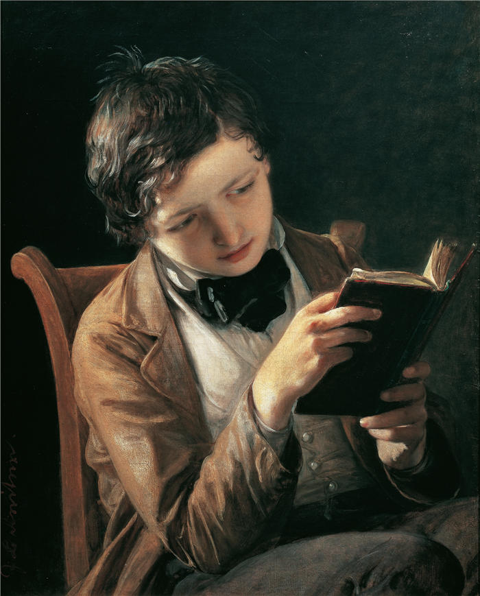 约翰·巴普蒂斯特·雷特（Johann Baptist Reiter,奥地利画家）高清作品-《读书男孩（约 1860 年）》