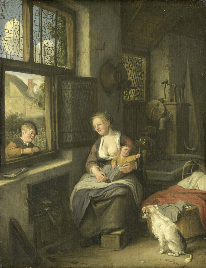 科内利斯·杜萨特(Cornelis Dusart,荷兰画家)作品-一位母亲和她的孩子(1690)