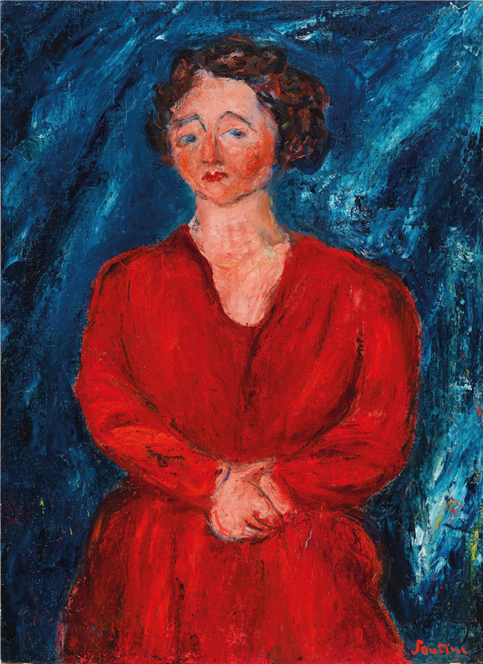 柴姆苏丁（Chaïm Soutine，俄罗斯画家）高清作品-《红底蓝底的女人（1928年左右）》