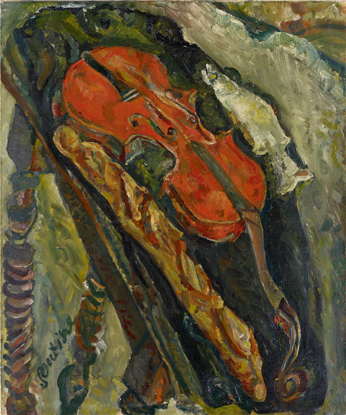 柴姆苏丁(Chaïm Soutine,俄罗斯画家)高清作品-《小提琴、面包和鱼的静物 (1922)》