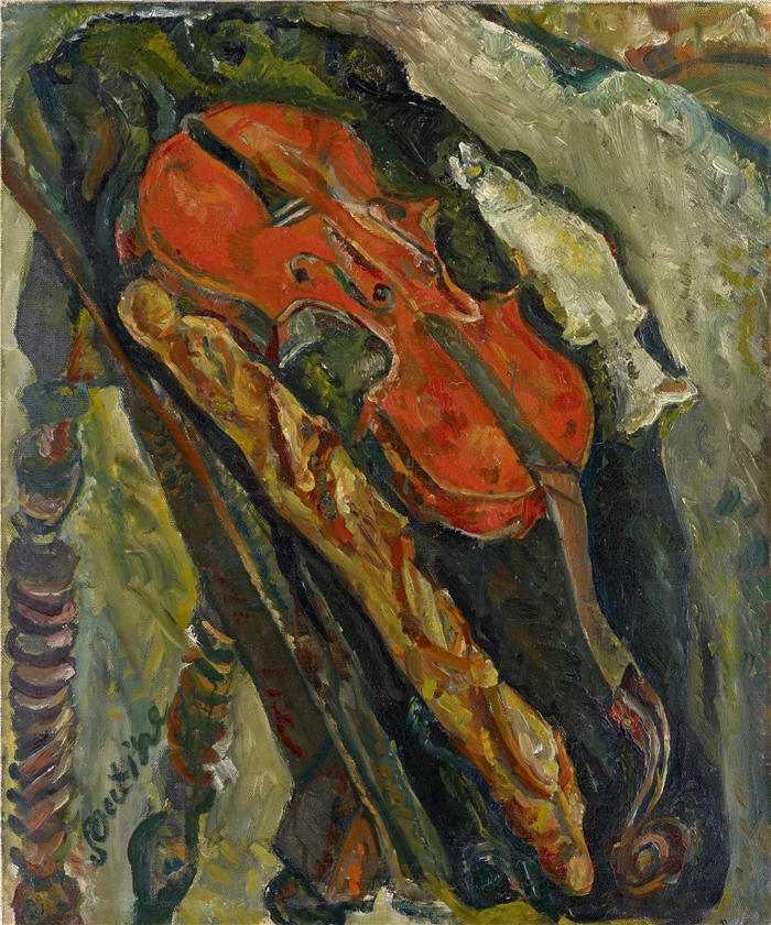 柴姆苏丁（Chaïm Soutine，俄罗斯画家）高清作品-《小提琴、面包和鱼的静物 (1922)》