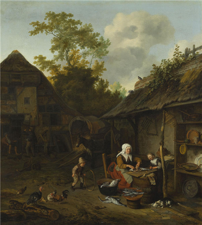 科内利斯·杜萨特（Cornelis Dusart，荷兰画家）作品-刮鱼（1682）