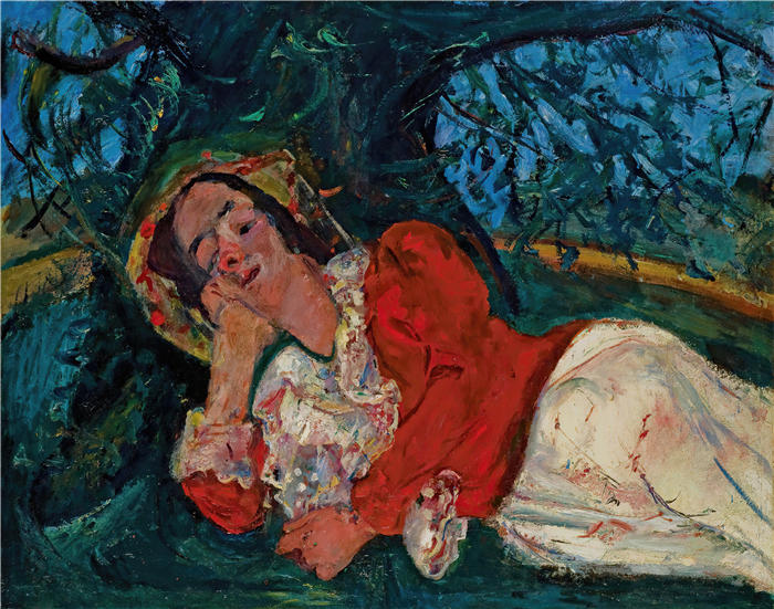 柴姆苏丁（Chaïm Soutine，俄罗斯画家）高清作品-《午睡（Femme étendue sous un arbre）（1934）》