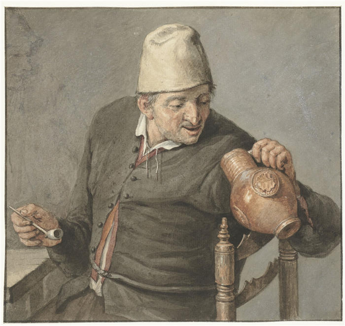 科内利斯·杜萨特（Cornelis Dusart，荷兰画家）作品-吸烟者，看着罐子（1670-1750）