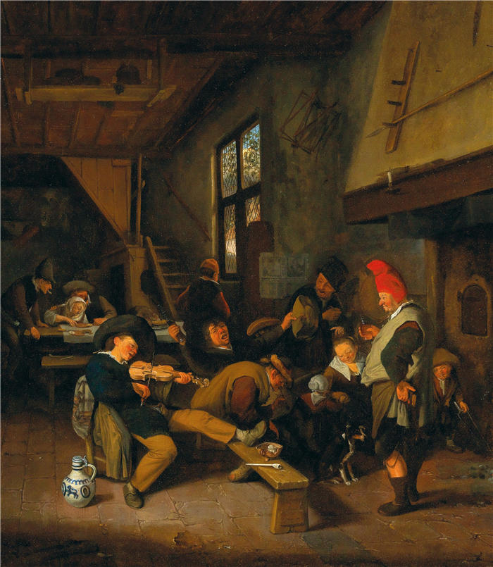 科内利斯·杜萨特(Cornelis Dusart,荷兰画家)作品-有饮酒农民的小酒馆内部
