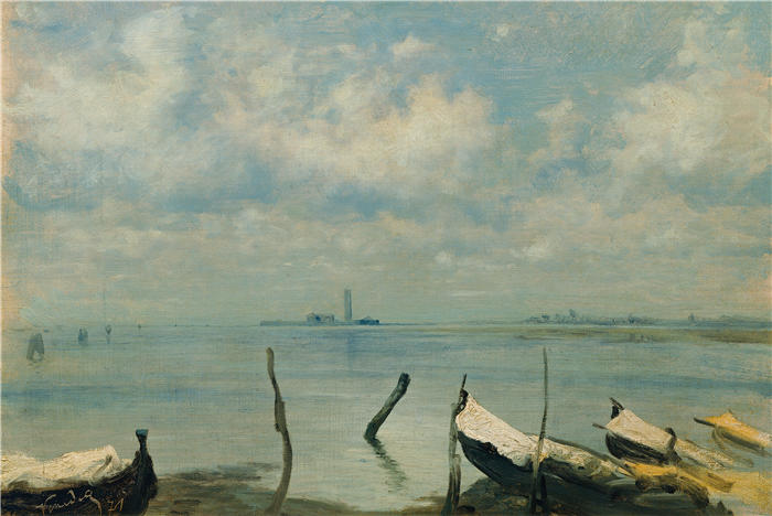 利奥波德·卡尔·穆勒 (Leopold Carl Müller，奥地利画家)高清作品-《 从梅斯特雷到威尼斯的景色（泻湖景观）（1871年）》