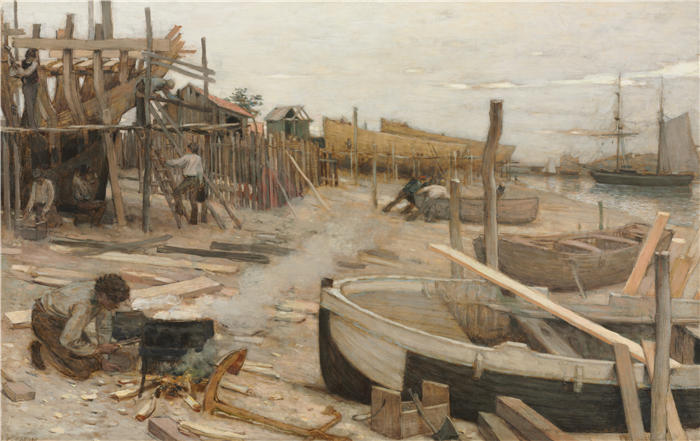 让·查尔斯·卡津（Jean Charles Cazin，法国画家）高清作品-《造船厂（约 1875 年）》