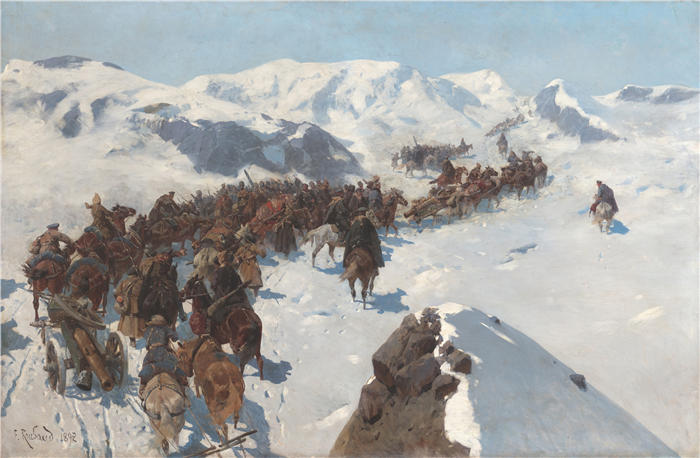 弗朗茨·鲁博(Franz Roubaud,俄罗斯画家)高清作品-《1853 年由阿尔古丁斯基穿越高加索的雪山(1892 年)》