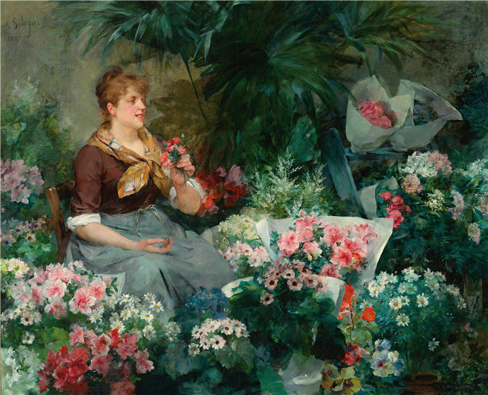 路易·玛丽·德·施莱弗(Louis Marie De Schryver,法国,1862–1942年)作品-卖花人 (1887)