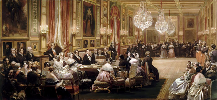 欧仁·拉米（Eugène Lami，法国画家）高清作品-《在欧盟城堡举行的Guise画廊音乐会（1844）》