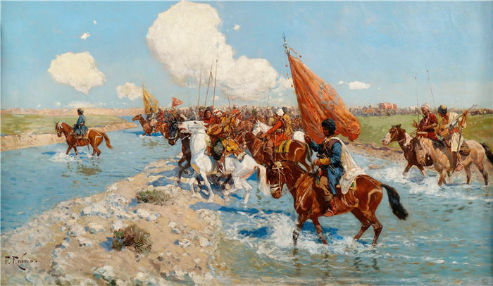 弗朗茨·鲁博(Franz Roubaud,俄罗斯画家)高清作品-《切尔克斯骑兵过河》