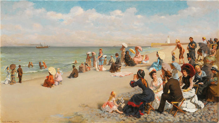 查尔斯-让-奥古斯特·埃斯库迪埃（Charles-Jean-Auguste Escudier，法国，1848-1923 年）-在海滩上（约 1877 年）