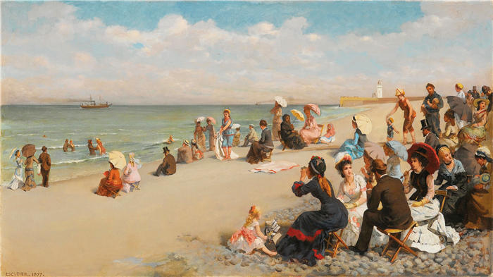 查尔斯-让-奥古斯特·埃斯库迪埃(Charles-Jean-Auguste Escudier,法国,1848-1923 年)-在海滩上(约 1877 年)