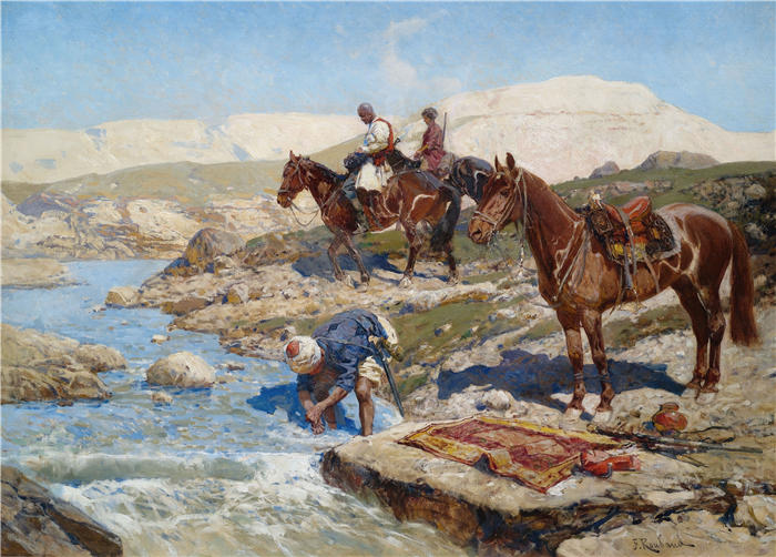 弗朗茨·鲁博（Franz Roubaud，俄罗斯画家）高清作品-《切尔克斯骑兵在河边》