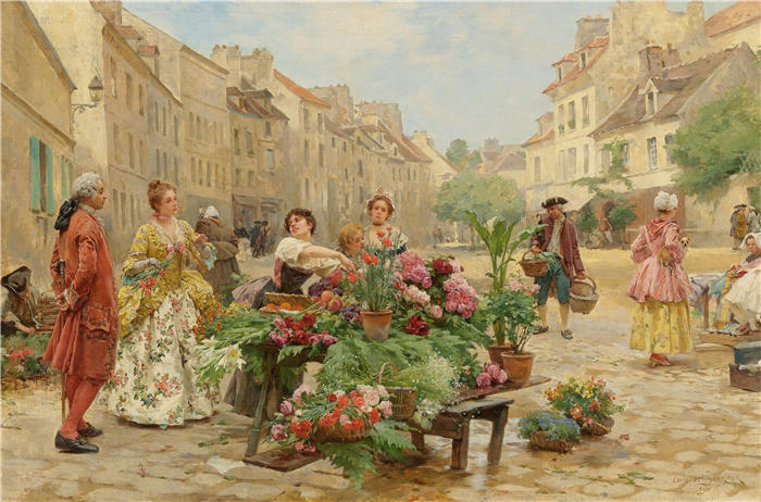 路易·玛丽·德·施莱弗(Louis Marie De Schryver,法国,1862–1942年)作品-十八世纪的市场(1900年)