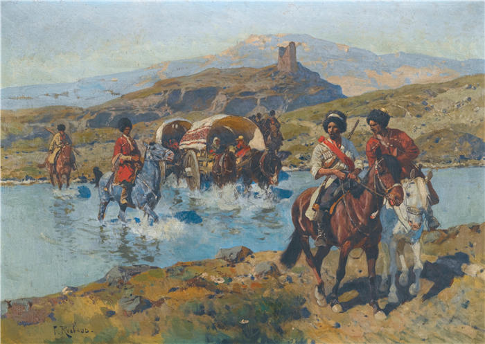 弗朗茨·鲁博（Franz Roubaud，俄罗斯画家）高清作品-《穿越福特的哥萨克人》