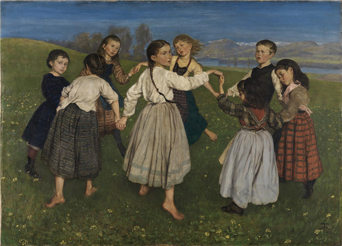 汉斯·托马（Hans Thoma，德国画家）高清作品-《围成一圈跳舞的孩子（1872 年）》