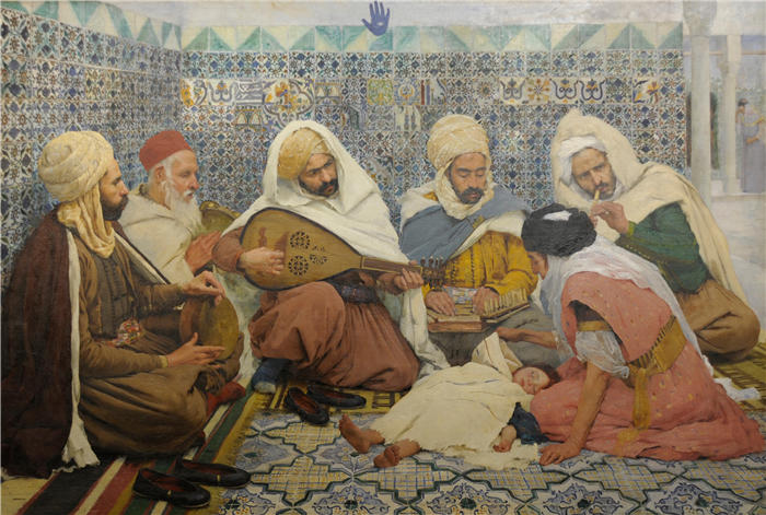 安德烈·布鲁耶(André Brouillet,法国画家)作品-阿拉伯音乐家 chassant les djinns du corps d'un enfant (1884)