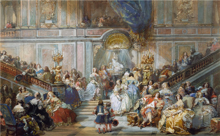 欧仁·拉米（Eugène Lami，法国画家）高清作品-《大理石楼梯（1866）》