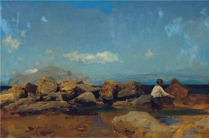利奥波德·卡尔·穆勒 (Leopold Carl Müller，奥地利画家)高清作品-《 巴勒莫附近的佩莱格里诺山海岸》